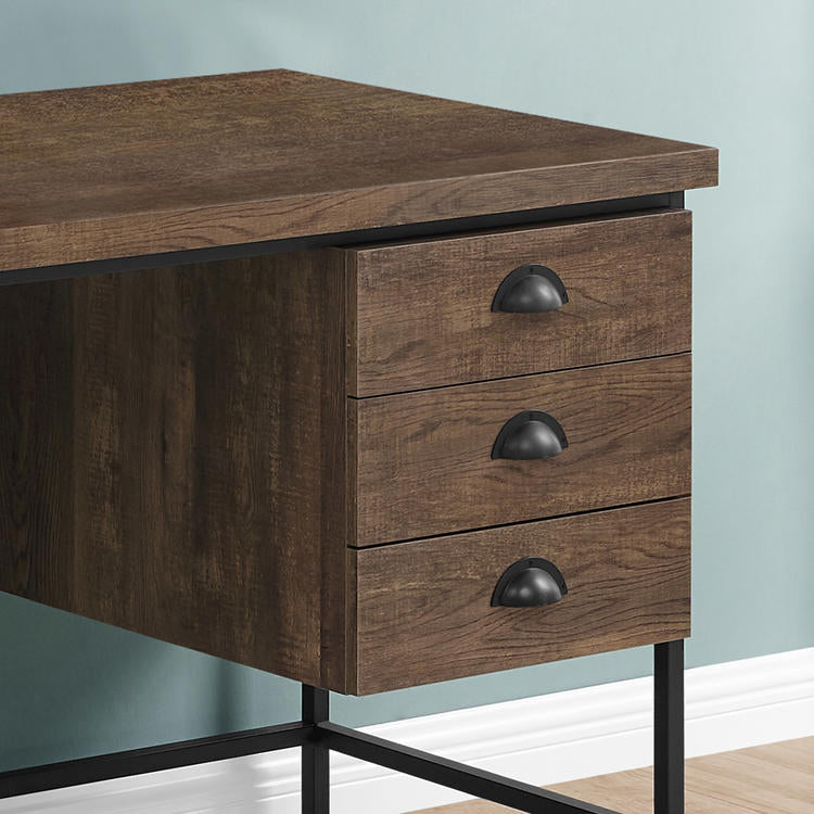 Monarch Specialties I 7485 | Meuble d'ordinateur - 55" - Spacieux dessus - 3 tiroirs - Base en Métal noir - Fini imitation de bois brun-Rivière-du-Loup
