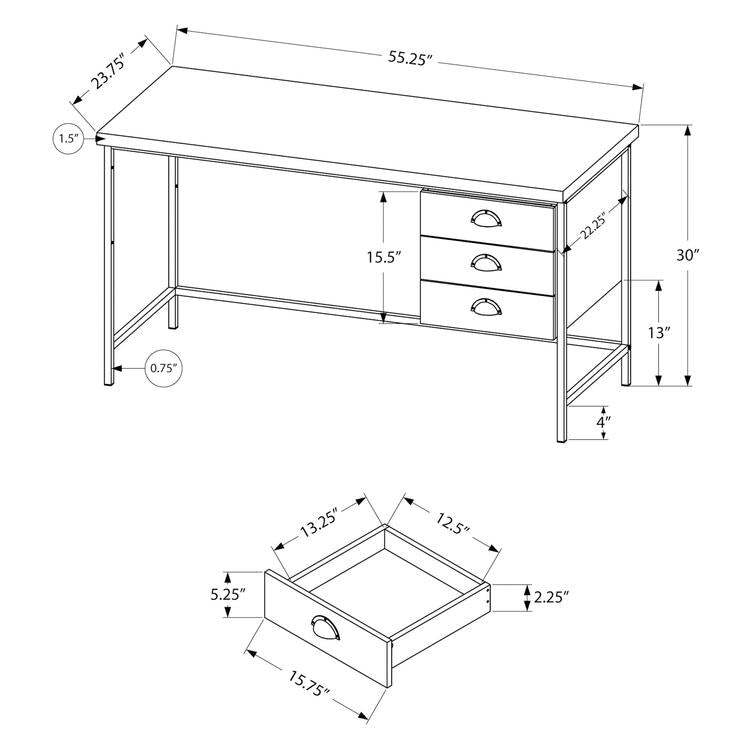 Monarch Specialties I 7485 | Meuble d'ordinateur - 55" - Spacieux dessus - 3 tiroirs - Base en Métal noir - Fini imitation de bois brun-Rivière-du-Loup