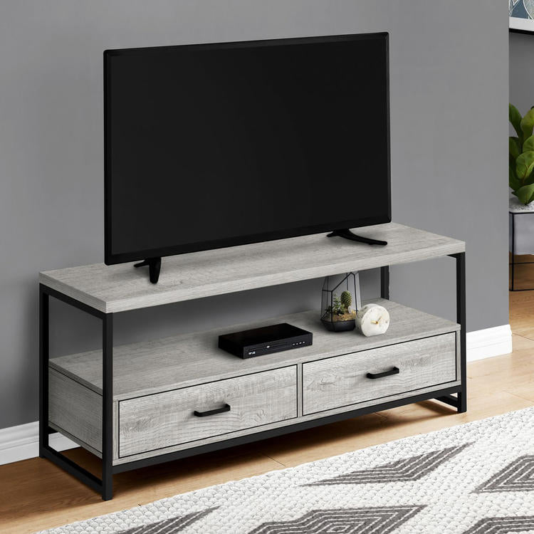 Monarch Specialties I 2871 | Meuble TV - 48" - 2 Tiroirs de rangement - Métal noir - Imitation bois Gris-SONXPLUS Rivière-du-Loup