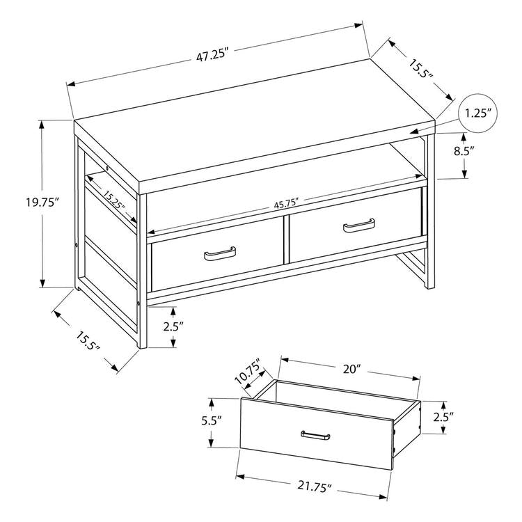 Monarch Specialties I 2871 | Meuble TV - 48" - 2 Tiroirs de rangement - Métal noir - Imitation bois Gris-Rivière-du-Loup